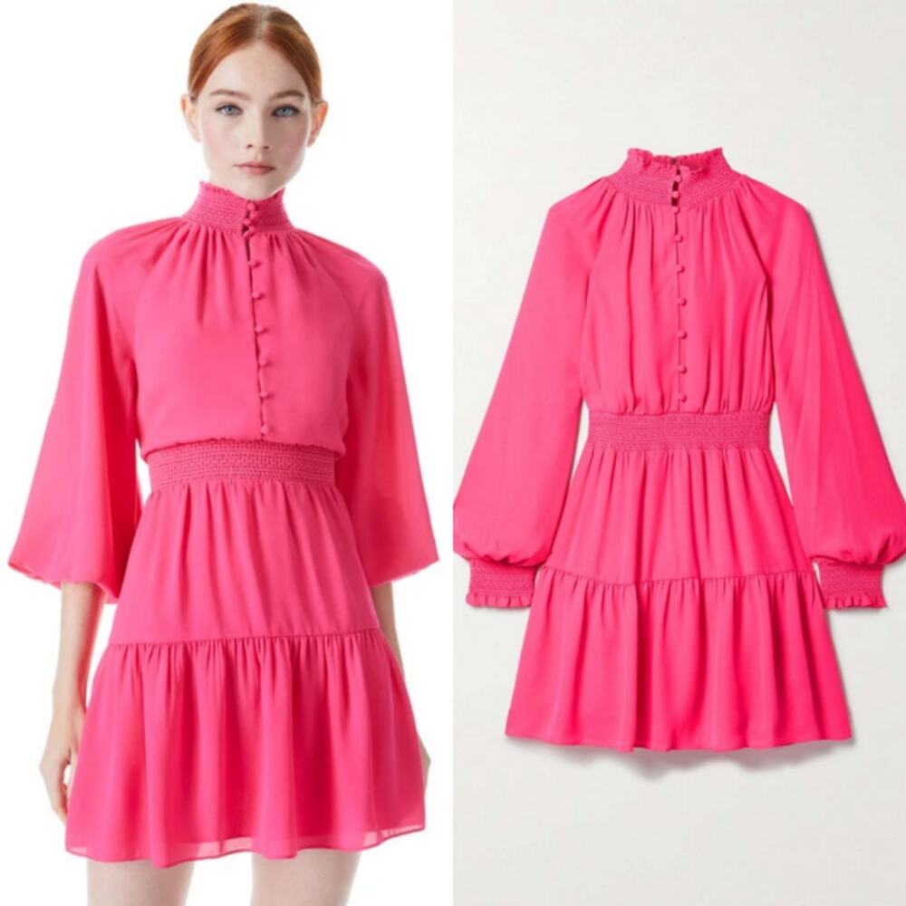 Alice + Olivia Lavania Blouson Sleeve Mini Dress in Wild Pink Smocked Waist US 8